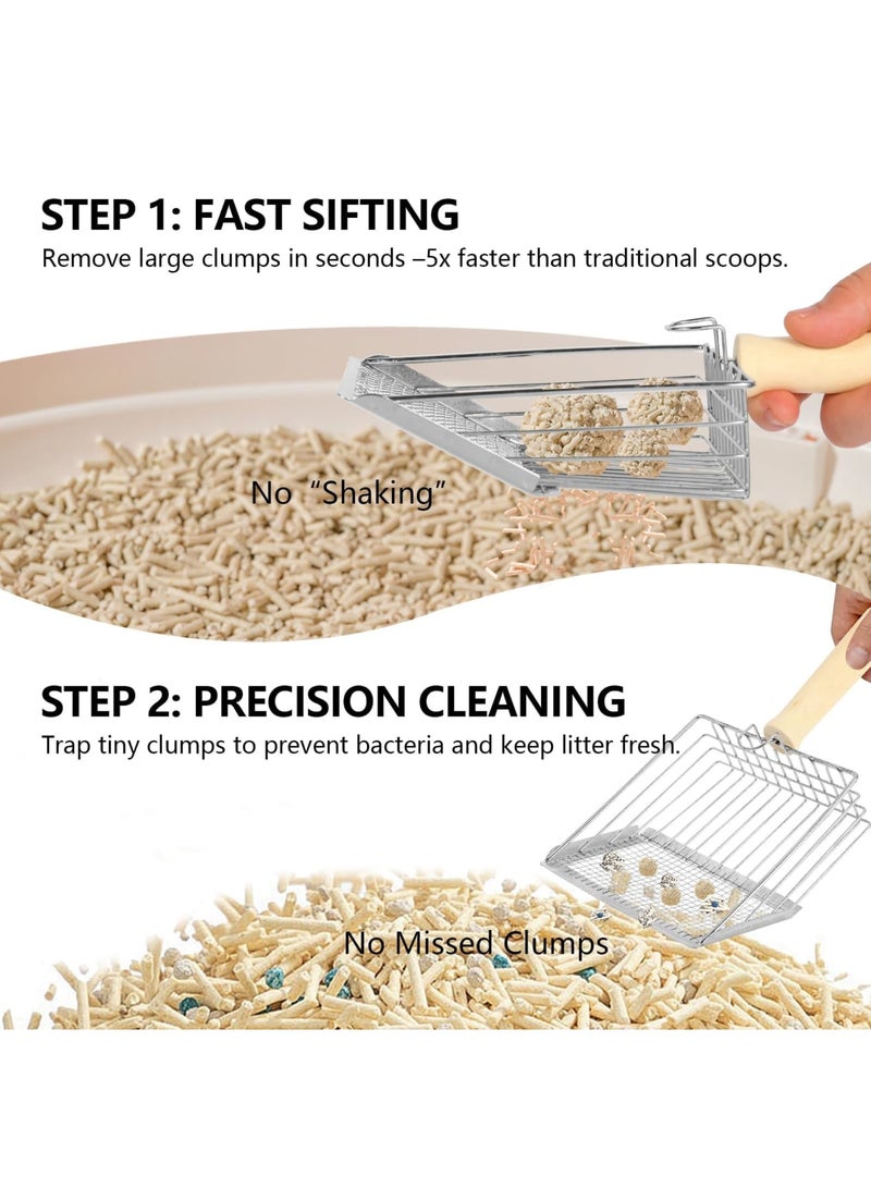 مغرفة فضلات معدنية بمقبض خشبي، مغرفة عميقة لجمع الفضلات وفلتر سريع، مجرفة فضلات للقطط لتنظيف صندوق الفضلات، مغرفة معدنية متينة للقطط الصغيرة (فضي) - Image 3